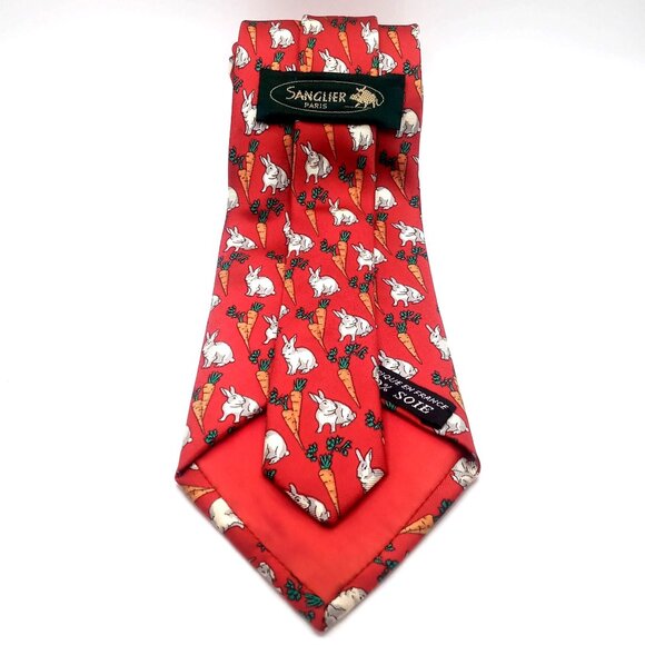 Men's Tie Sanglier Paris 100% Silk Red Rabbit Carrot Pattern Made In France 59"L - Picture 3 of 9